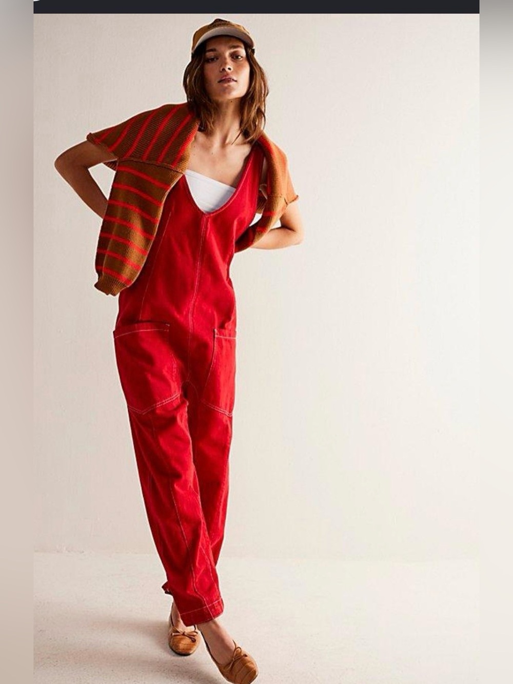 We The Free Free People High Roller Denim Jumpsuit Overalls Red XS